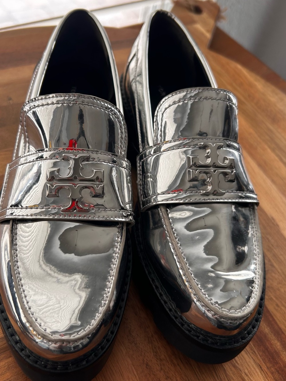Tory Burch Metallic Silver Logo Penny Loafers